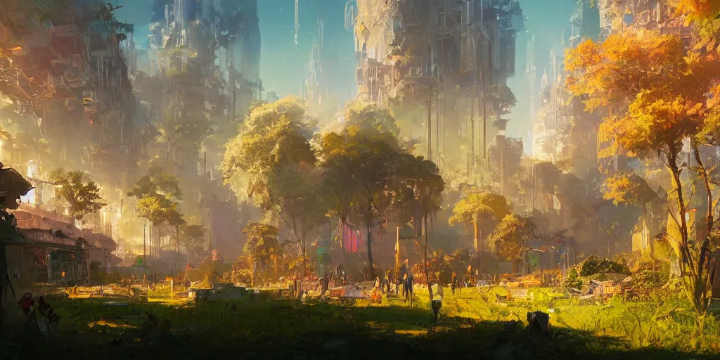 Prompt: a fantasy solarpunk city, illustration by greg rutkowski, bright sunlight, sun glints, vivid and colorful trees and plants and flowers, digital art, 8 k, trending on artstation, detailed