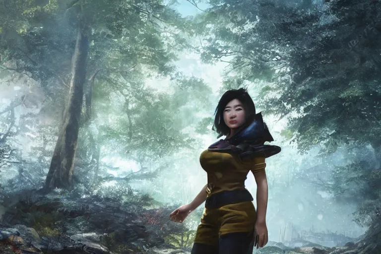 Image similar to fallout 5, charismatic beautiful rugged asian female protagonist, portrait, outdoors in forest area near a tori gate of a nearby shinto shrine, atmospheric lighting, painted, intricate, volumetric lighting, daytime, winter, clear weather, golden hour, sharp focus, ultra detailed, art by william turner