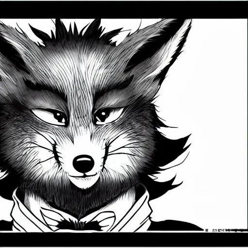 Image similar to official manga line art of a closeup of an anthropomorphic furry male fox wearing a fancy tuxedo, handsome eyes and smile, studio anime line art