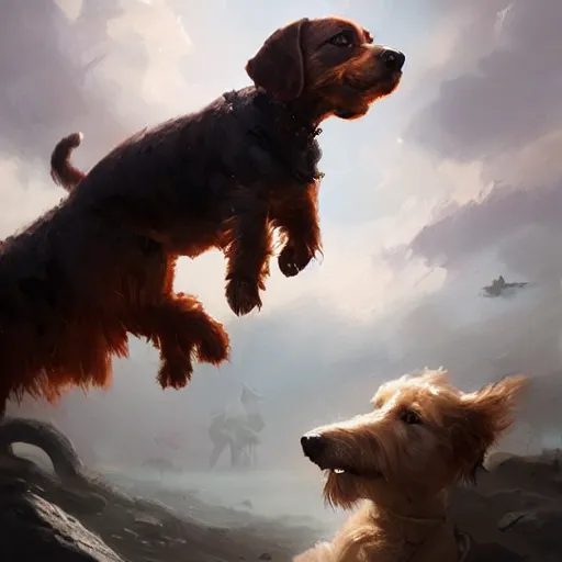 Prompt: chiweenie and goldendoodle, oil painting, Tooth Wu, Greg Rutkowski, RPG portrait, dynamic lighting, fantasy art, High contrast, depth of field