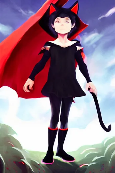 Image similar to little boy with cat ears in an black outfit with red cape. digital artwork made by lois van baarle and kentaro miura and marc simonetti and jesper ejsing, sharpness focus, inspired by hirohiko araki, anatomically correct, heroic composition, hero pose, smooth