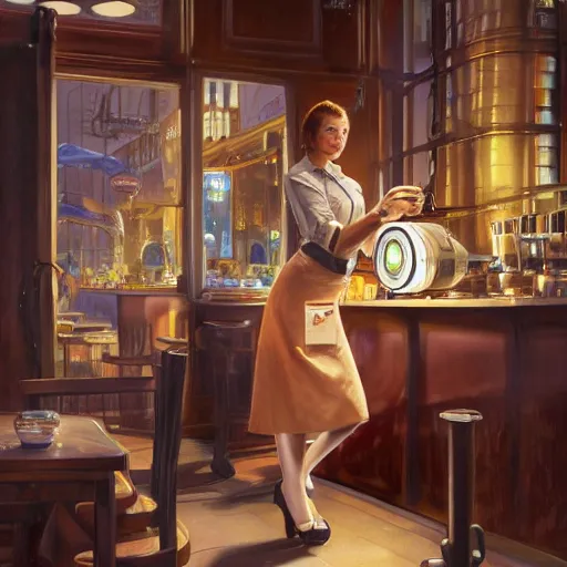 Prompt: a waitress serving coffee to an robot, digital painting, artstation, concept art, donato giancola, Joseph Christian Leyendecker, WLOP, Boris Vallejo, Breathtaking, 8k resolution, extremely detailed, beautiful, establishing shot, artistic, hyperrealistic, beautiful face, octane render, cinematic lighting, dramatic lighting, masterpiece