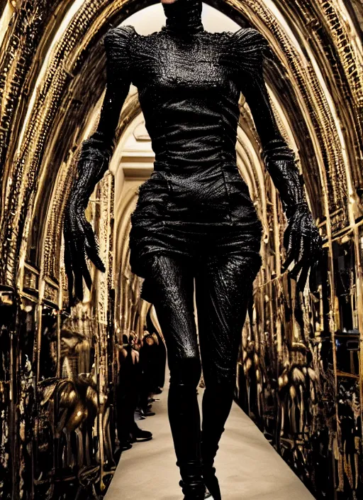 Image similar to walking down the catwalk, steven klein, show, stage, vogue photo, podium, fashion show photo, historical baroque dress dark, iris van herpen, beautiful woman, full body shot, masterpiece, intricate, biopunk, predator, guyver, highly detailed