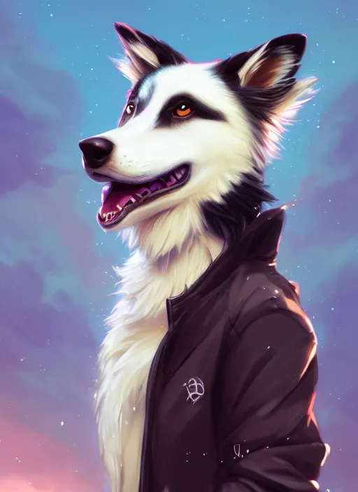 Image similar to wide angle beautiful full body portrait of a cute male anthropomorphic border collie fursona wearing a jacket in front of a park, character design by charlie bowater, henry asencio, and ross tran, furry art, furaffinity, scenic background, beautiful, glamor pose, detailed, trending on artstation
