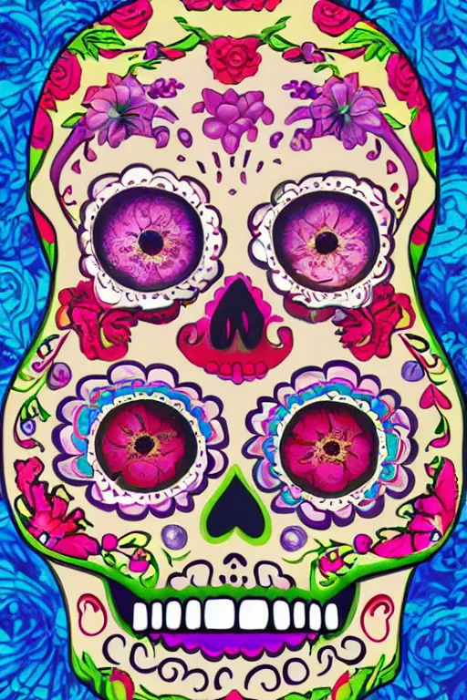 Prompt: Illustration of a sugar skull day of the dead girl, art by Jeff Koons