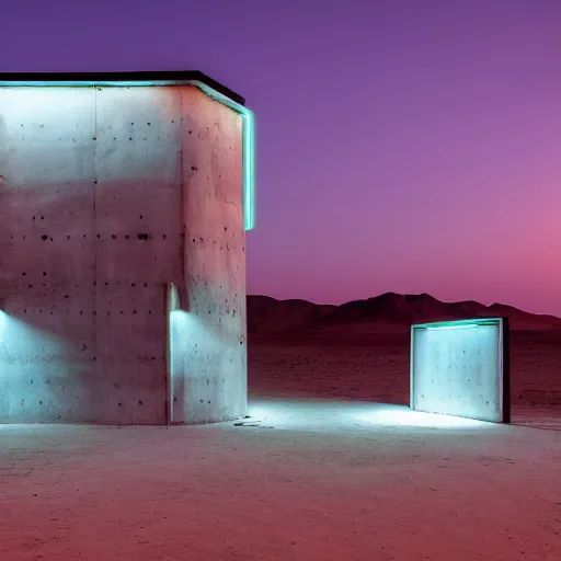 Image similar to concrete structure in the desert at night, neon lights, minimalist architecture, james turrel,