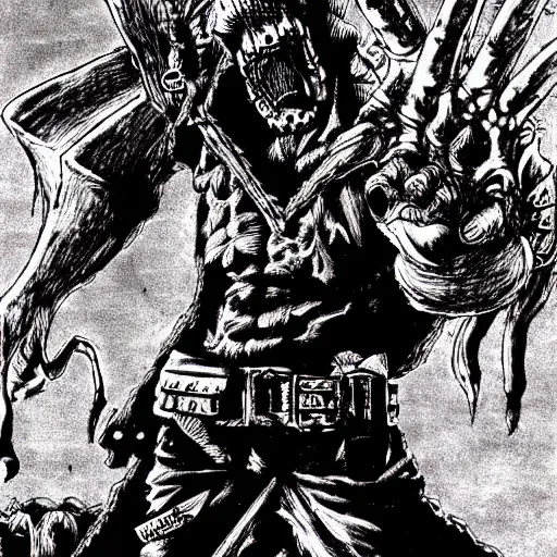 Image similar to Dorohedoro drawn by Kentaro Miura, upscaled, detailed,