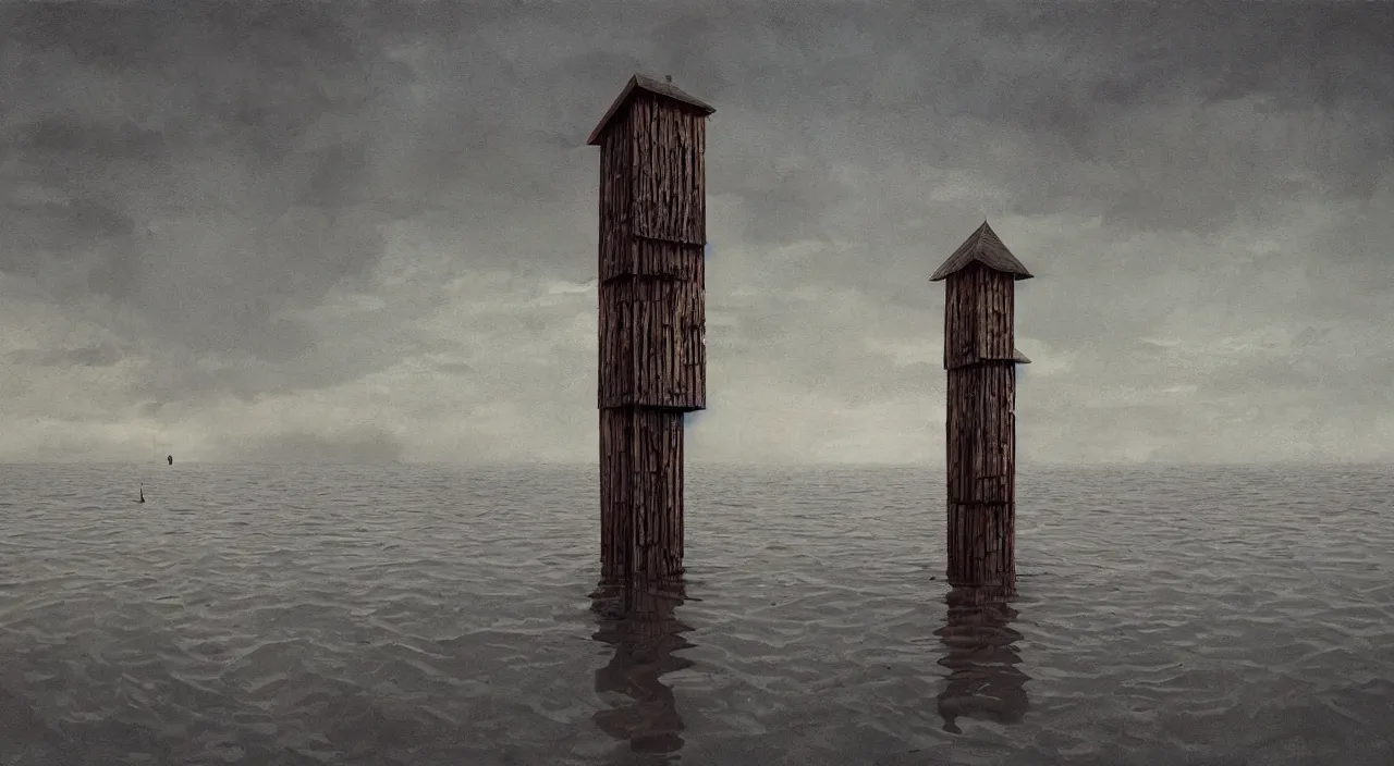 Prompt: single flooded simple wooden tower, very coherent and colorful high contrast!! masterpiece by scott listfield, minimalist, dark shadows, sunny day, hard lighting