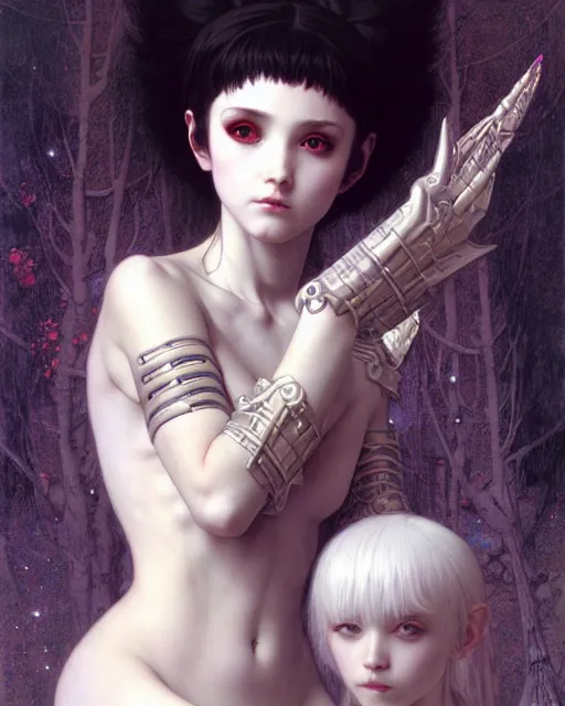 Image similar to portrait of beautiful cute young goth maiden girl with short white hairs in warhammer armor, art by ( ( ( kuvshinov ilya ) ) ) and wayne barlowe and gustav klimt and artgerm and wlop and william - adolphe bouguereau