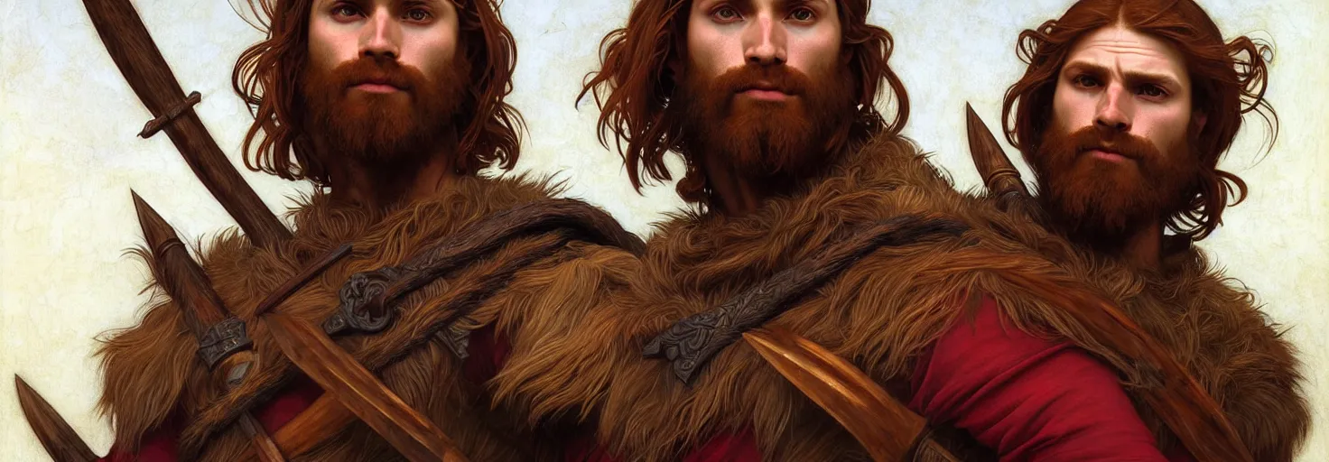 Prompt: renaissance upper body portrait of a gruff ranger with a spear, red haired celtic, lean and toned, handsome face, hairy chest, D&D, intricate, elegant, highly detailed, digital painting, artstation, concept art, matte, sharp focus, illustration, art by da Vinci, Artgerm and Greg Rutkowski and Alphonse Mucha