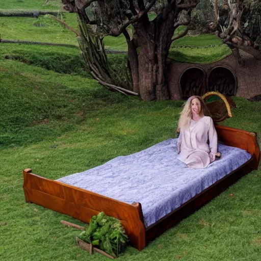 Image similar to woman laying on hobbit bed in the shire