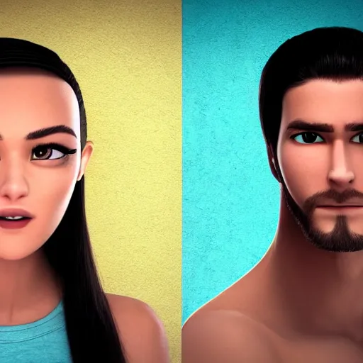 Image similar to young beautiful athletic Filipino woman with long hair standing beside a handsome caucasian athletic thin man with very short buzzed thinning hair, stubble beard on his face, blue eyes, they are posing, depicted as adult Pixar characters, high quality cg render, 4k