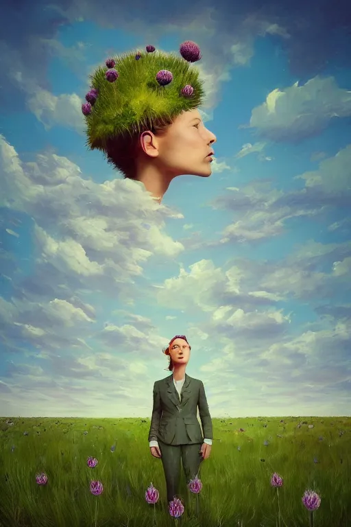 Prompt: portrait, enormous thistle flower under the head, a girl in a suit in a field of flowers, surreal photography, sunrise, blue sky, dramatic light, impressionist painting, digital painting, artstation, simon stalenhag