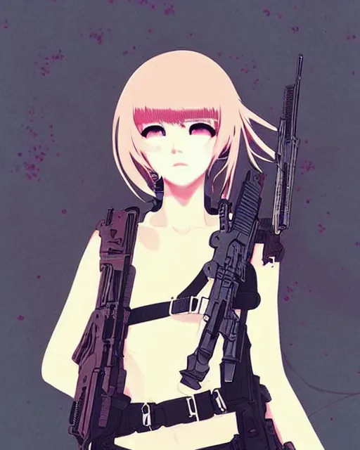 Image similar to girl with tactical gear, very anime!!! anime!! intricate details, aesthetically pleasing pastel colors, poster background, aesthetic details, art by conrad roset and ilya kuvshinov