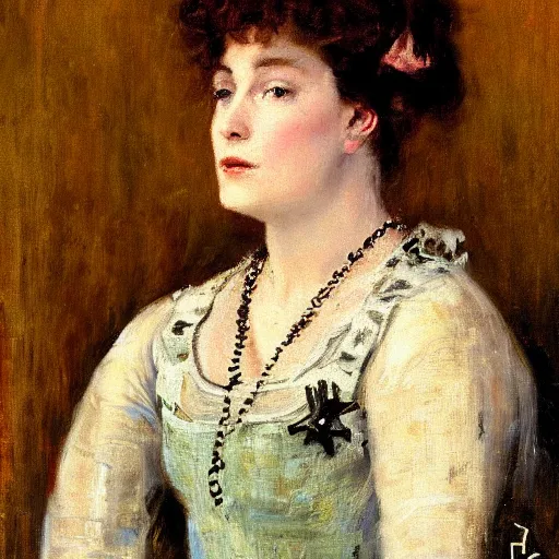 Image similar to portrait of action heroine by alfred stevens