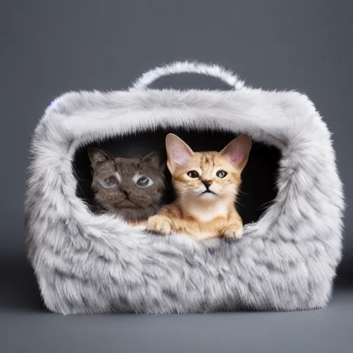 Prompt: a highly detailed photo of multiple furry cats, they are inside a big chanel bag, gray background, studio lighting, 4 k, 8 k