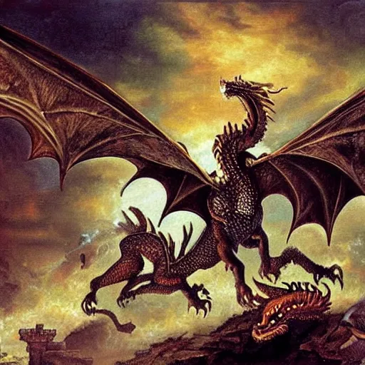 Image similar to dragons, fall of rome, epic painting