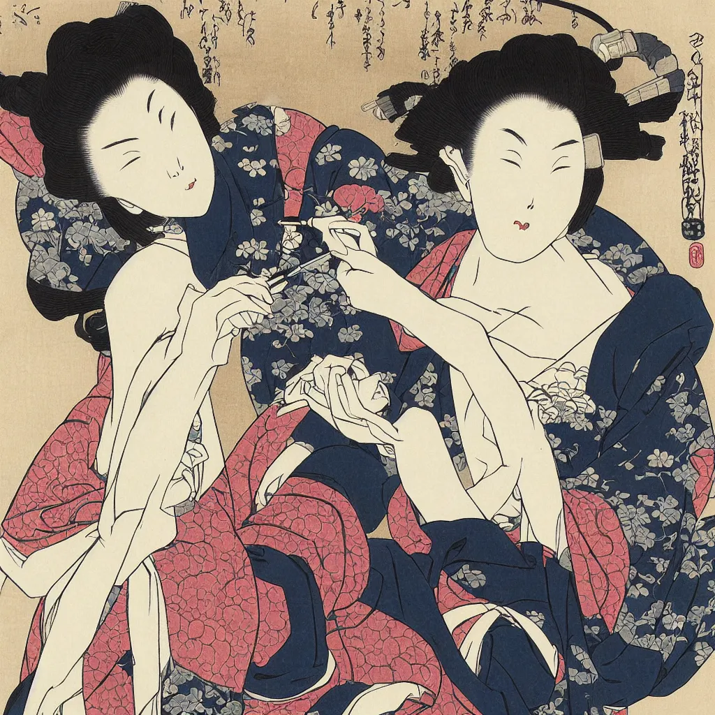 Image similar to i, a beautiful woman wearing headphone and playing iphone, by hokusai