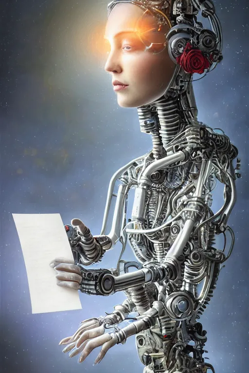 Image similar to a beautiful intricate fine art portrait photo of a happy mechanical futuristic cybernetic humanoid reading a letter of good news, by tom bagshaw and anna dittman, eyes light up, perfection!, studio lighting, golden ratio composition, 3 5 mm lens, bionic robot overgrown with flowers, cybernetic scifi, deep depth of field, artstation, 8 k