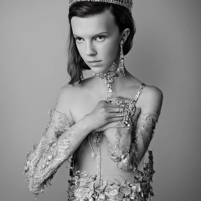 Prompt: millie bobby brown as queen, big crown adorned with emerald, diamonds, topaz and other jewellaries, sensual, beautiful soft light failling on her face, studio photography, nikon 3 5 mm portrait photography, ultra realistic