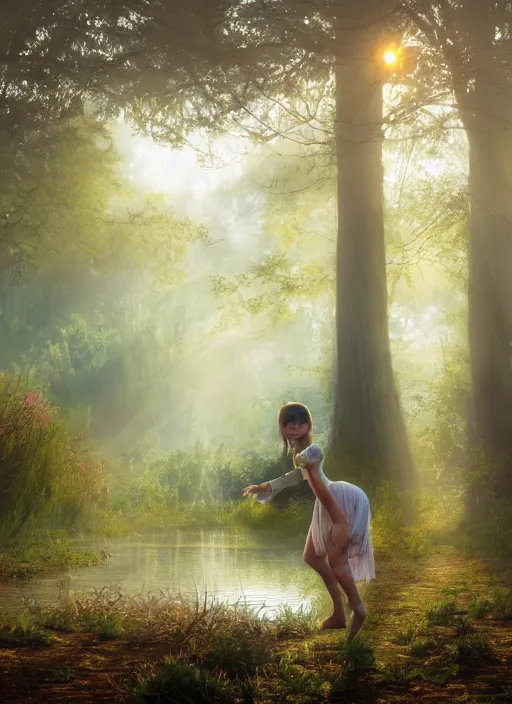 Image similar to misty swamp, hazy fog, sundown golden hour, girls early morning dance, smile, fireflies and sparkling wisps, sun rays through trees, Lilia Alvarado, Sophie Anderson, Mark Arian, Bob Byerley, Charlie Bowater, Mark Brooks, Steve Henderson, Justin Gerard, Arthur Hughes, Edward Robert Hughes, Mark Keathley, Victor Nizovtsev, Carlos Shwabe, Ross Tran, WLOP