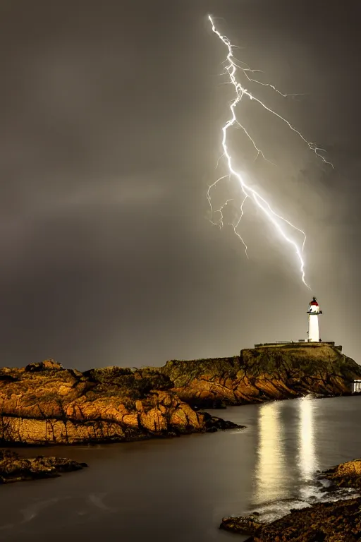 Image similar to photo lighthouse on island, heavy rain, lightning storm, boat lights in distance, night, light shining, XF IQ4, 150MP, 50mm, f/1.4, ISO 200, 1/160s, natural light, Adobe Photoshop, Adobe Lightroom, DxO Photolab, polarizing filter, Sense of Depth, AI enhanced, HDR