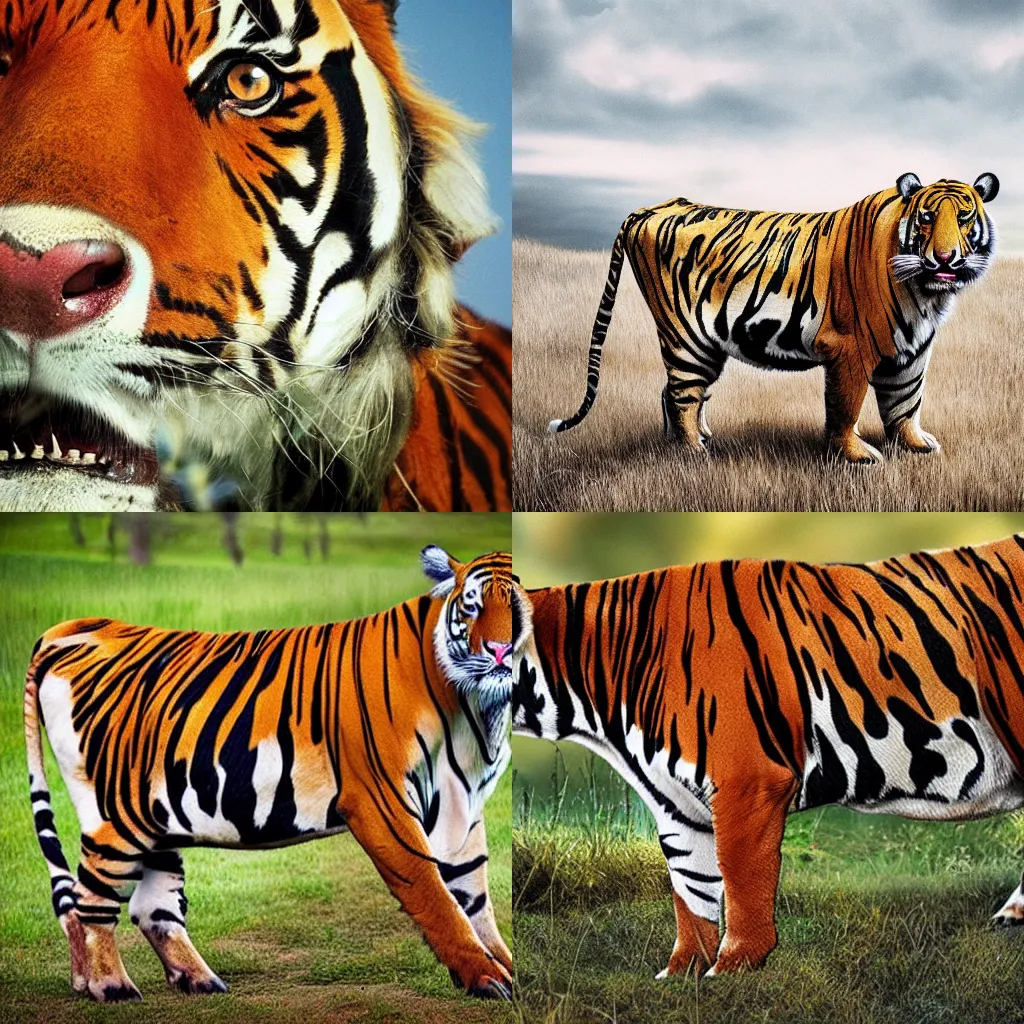 Prompt: a cow with tiger stripes, cow, wildlife photography, hyperrealistic