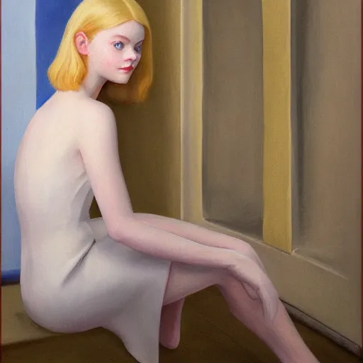 Prompt: Painting of Elle Fanning next to an Oblivion portal, long blonde hair, delicate, pale milky white porcelain skin, by Edward Hopper. 8K. Extremely detailed.