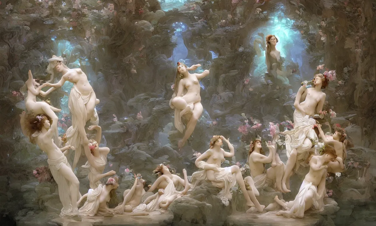 Prompt: a luminous springtime fairytale of beautiful maidens frollicing in the romantic courtyard of an underwater baroque white marble cathedral with stained glass windows. Neon light, masterpiece 4k digital illustration by Ruan Jia and Mandy Jurgens and William-Adolphe Bouguereau, award winning, Artstation, Gustave Dore' background, intricate details, realistic, panoramic view, volumetric lighting, Hyperdetailed, 8k resolution, golden hour, rendered in Unreal Engine 3