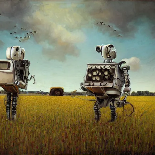 Prompt: Two robot farmers working in the field, by Andrea Kowch