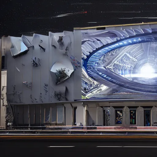 Image similar to sci-fi wall structure on the coronation of napoleon painting and digital billboard in the middle, unreal engine 5, keyshot, octane, artstation trending, ultra high detail, ultra realistic, cinematic, 8k, 16k, in style of zaha hadid, in plastic, dark, tilt shift,