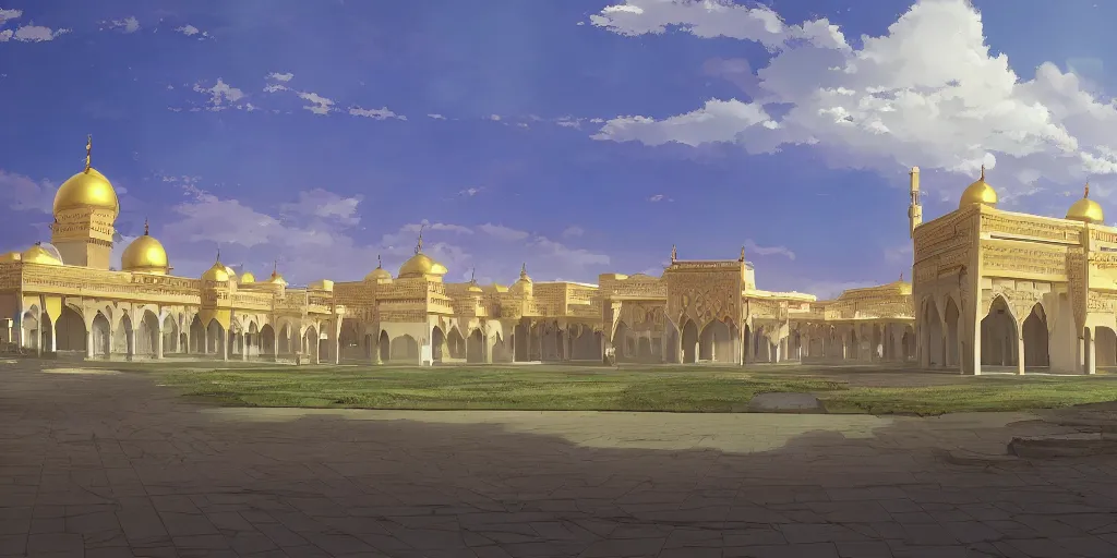 Image similar to a grand arabian palace exterior by makoto shinkai