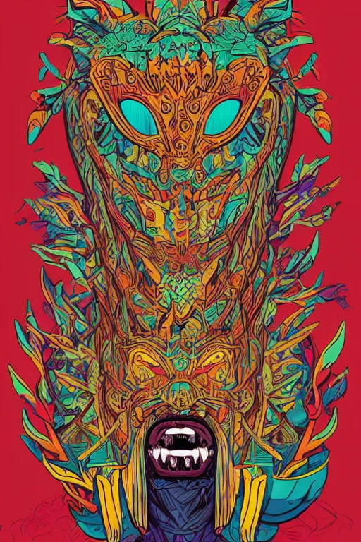 Image similar to animal mask totem roots flower tribal feather gemstone plant wood rock shaman vodoo video game vector cutout illustration vivid multicolor borderlands comics by josan gonzales and dan mumford radiating a glowing aura