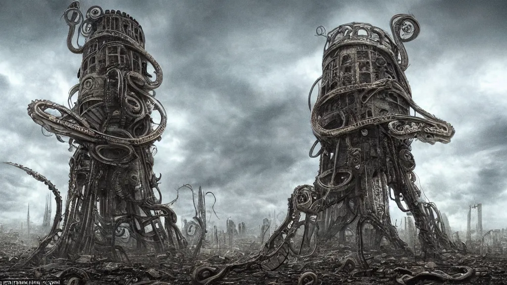 Image similar to A tower with an Eyeball at the top, BioMechanical like Giger, with tentacles coming out, looking over a stormy post-apocalyptic wasteland, dystopian art, wide lens