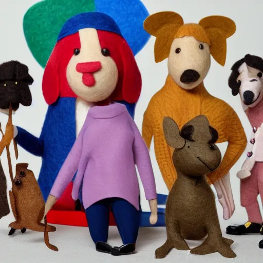 Prompt: a photo of two felt mice, a man and a woman, both blonde with short hair, the man is holding a guitar, the woman is wearing a jumper with thick horizontal rainbow stripes, and there is a woolly terrier dog sitting at their feet