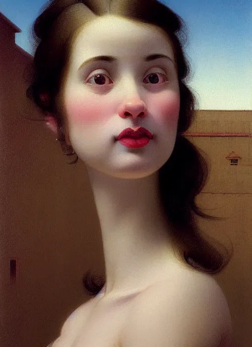 Image similar to hyper detailed 3 d render like a oil painting - cute portrait of a brunette named emma, italian looking, looking at camera, symmetrical face, long brunette hair, nose ring, a smiling cow looking over her shoulder by ryden, kawase hasui, dorothea tanning, edward hopper and james gilleard, aivazovsky, beksinski, outram, artstation