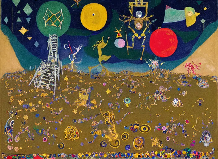 Image similar to pixel decollage painting tarot lovers card composition tower of babel road golden armour wonky alien frog and clown vampire maggot knight on a skeleton pale horse in a dark green cloudy night sky with golden foil jewish stars and diamonds, mountain lake and blossoming field in background, painted by Mark Rothko, Helen Frankenthaler, Danny Fox and Hilma af Klint, pixelated, neo expressionism, semi naive, pastel colors, cinematic, color field painting, cave painting, voxel, pop art look, outsider art, minimalistic. Bill Traylor painting, part by Philip Guston, Amano and Beksinski. art by Adrian Ghenie and Storm Thorgerson, very coherent symmetrical artwork, cinematic, hyper realism, high detail, octane render, unreal engine, Smooth gradients, depth of field, full body character drawing, extremely detailed, 8k, extreme detail, intricate detail, masterpiece
