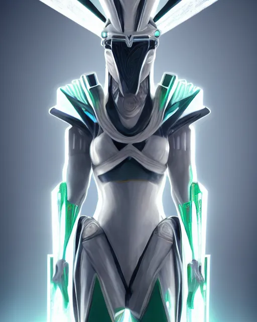 Image similar to perfect white haired attractive egyptian god, warframe armor, beautiful, symmetric, dreamy, half asian,, green eyes, charlize theron, detailed, scifi platform, laboratory, experiment, 4 k, ultra realistic, epic lighting, android body, illuminated, cinematic, masterpiece, art by akihito tsukushi, voidstar