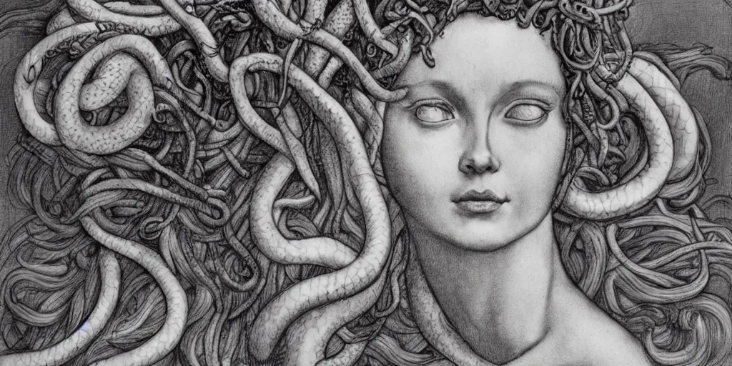 Prompt: realistic portrait of a medusa with her snake hair, 1450, ink, ultra realistic, 8k