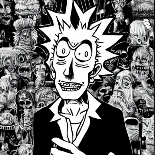 Prompt: Rick Sanchez, by Junji Ito