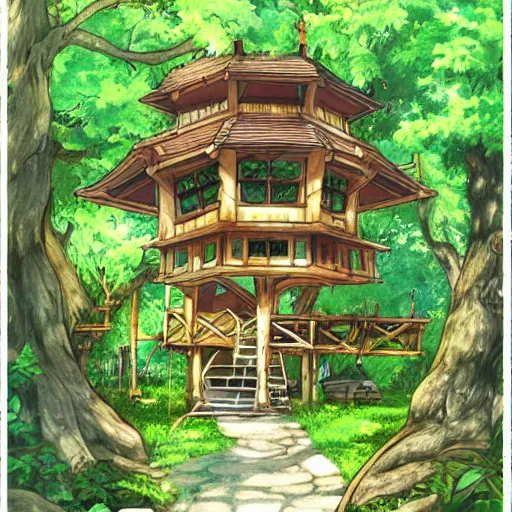 Prompt: a tree house, by KyoAni in the style of Shining Resonance, by yuumei