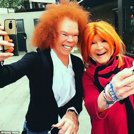 Prompt: Carrot Top and Martha Stewart are twins, selfie, shot on iphone, 10k likes on Twitter, having fun, high fidelity image