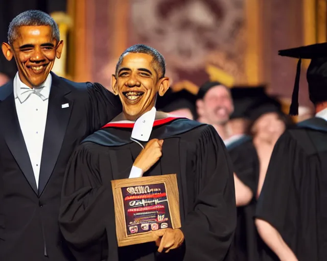 Image similar to man wearing guy fawkes mask accepts award from obama, university graduation pose, photo, cinematic lighting