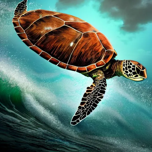 Prompt: photorealistic sea turtle riding waves of lightning. hyperdetailed photorealism, 1 0 8 megapixels, amazing depth, glowing rich colors, powerful imagery, psychedelic overtones, 3 d finalrender, 3 d shading, cinematic lighting, artstation concept art