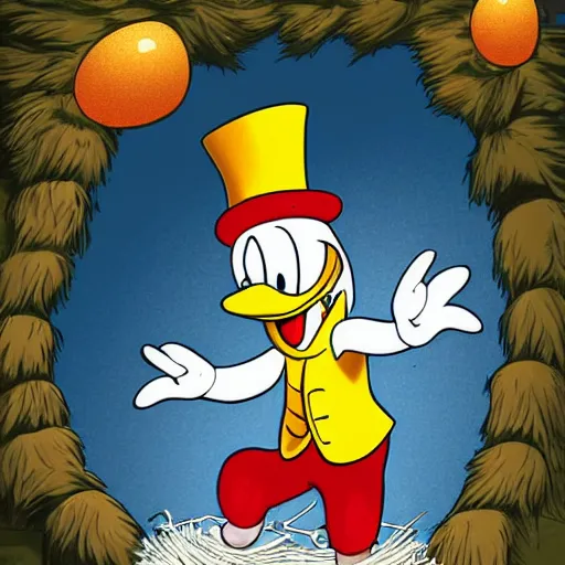 Prompt: Young Scrooge McDuck at White Agony Creek holding up goose egg nugget, hyper realistic