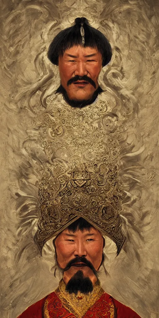 Image similar to a stunning and noble highly detailed romantic period style portrait of Genghis Khan\'s head by Josep Tapiró Baró, trending on artstation, oil painting masterpiece, symmetry, fractals, Mongolian iconography