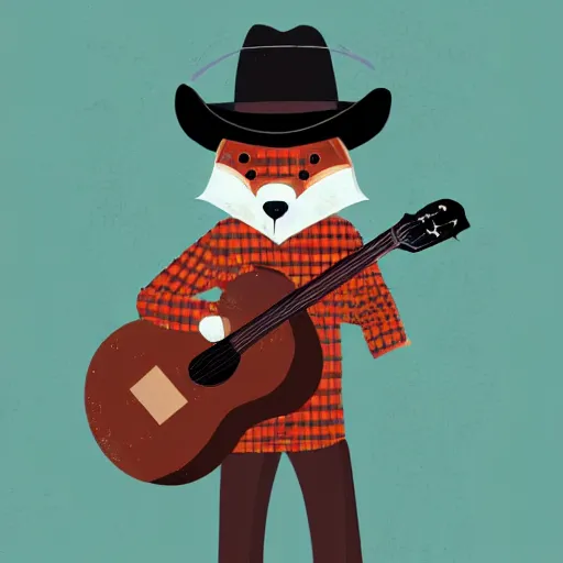 Image similar to a fox animal, wearing cowboy hat, wearing plaid shirt, playing guitar, in barn, album cover style, artstation