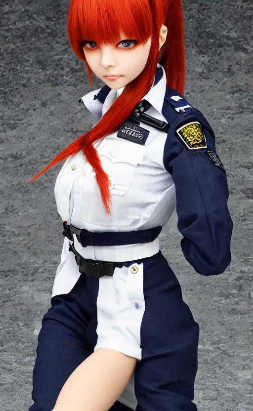 Image similar to dollfie in police uniform, red hair, blue eyes,