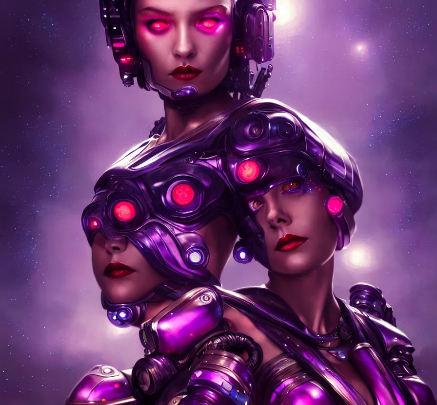 Prompt: cyber female with purple mechanic eyes and red lips and metallic skin, face, sci - fi, metal, constellation cyberpunk city on background, breathtaking stars, elegant, highly detailed, digital painting, artstation, concept art, smooth, sharp focus, spiritual art, art by artgerm and greg rutkowski and alphonse mucha, psychedelic, illustration,