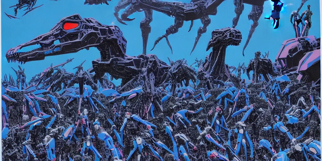 Image similar to risograph rendition of extremely - detailed black gigantic evangelion - like dinosaur mecha with a lot of blue children heads on it, ominous, intricate complexity, dramatic, epic composition, atmospheric, painting by moebius